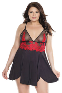 Thumbnail for Coquette - 3867X - Embroidered Babydoll & G-String Set - Black/Red - OSXL - Stag Shop