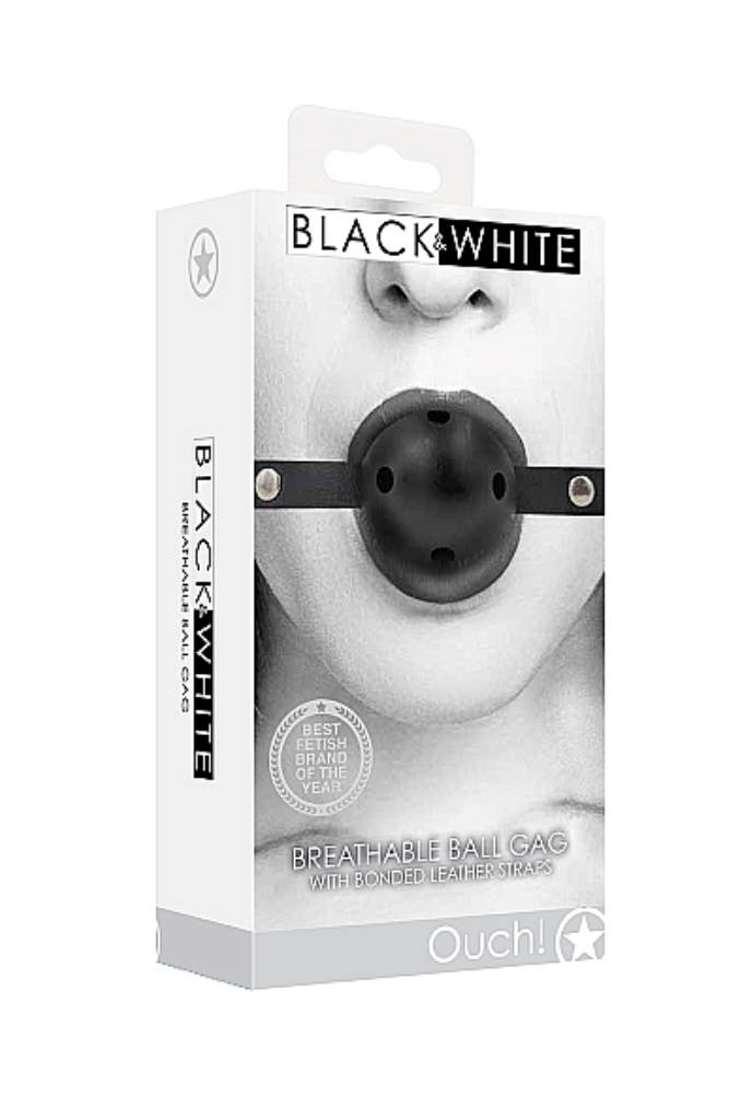 Ouch by Shots Toys - Black & White - Breathable Ball Gag with Bonded Leather Straps - Black - Stag Shop