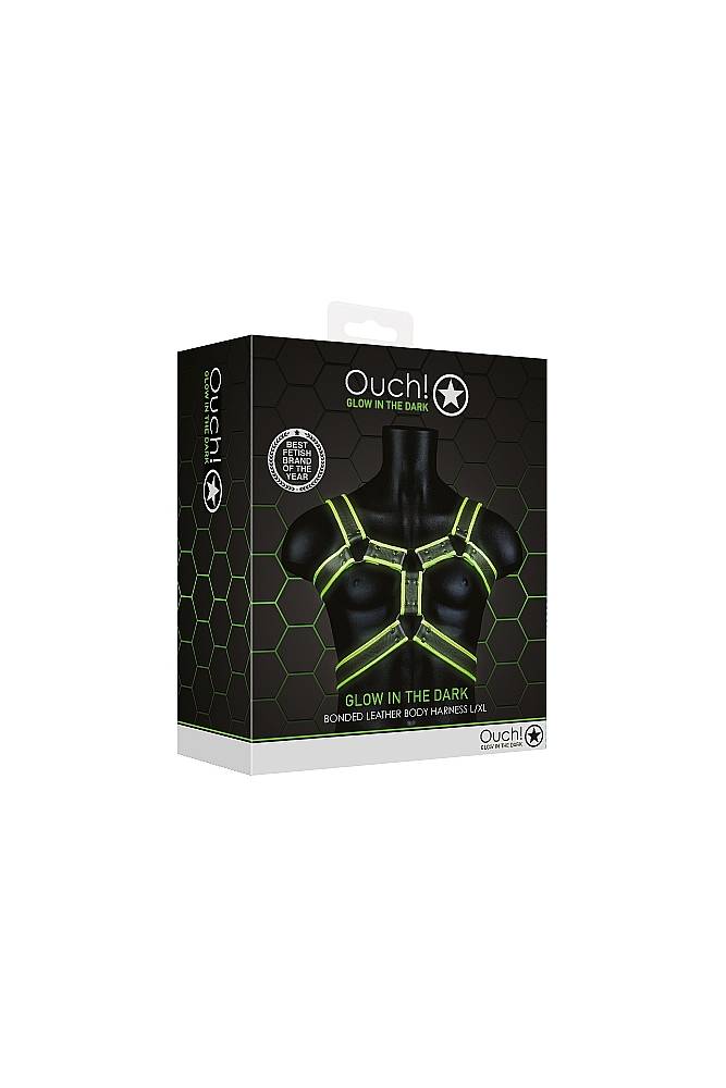 Ouch by Shots Toys - Glow - Bonded Leather Body Harness - Glow in the Dark