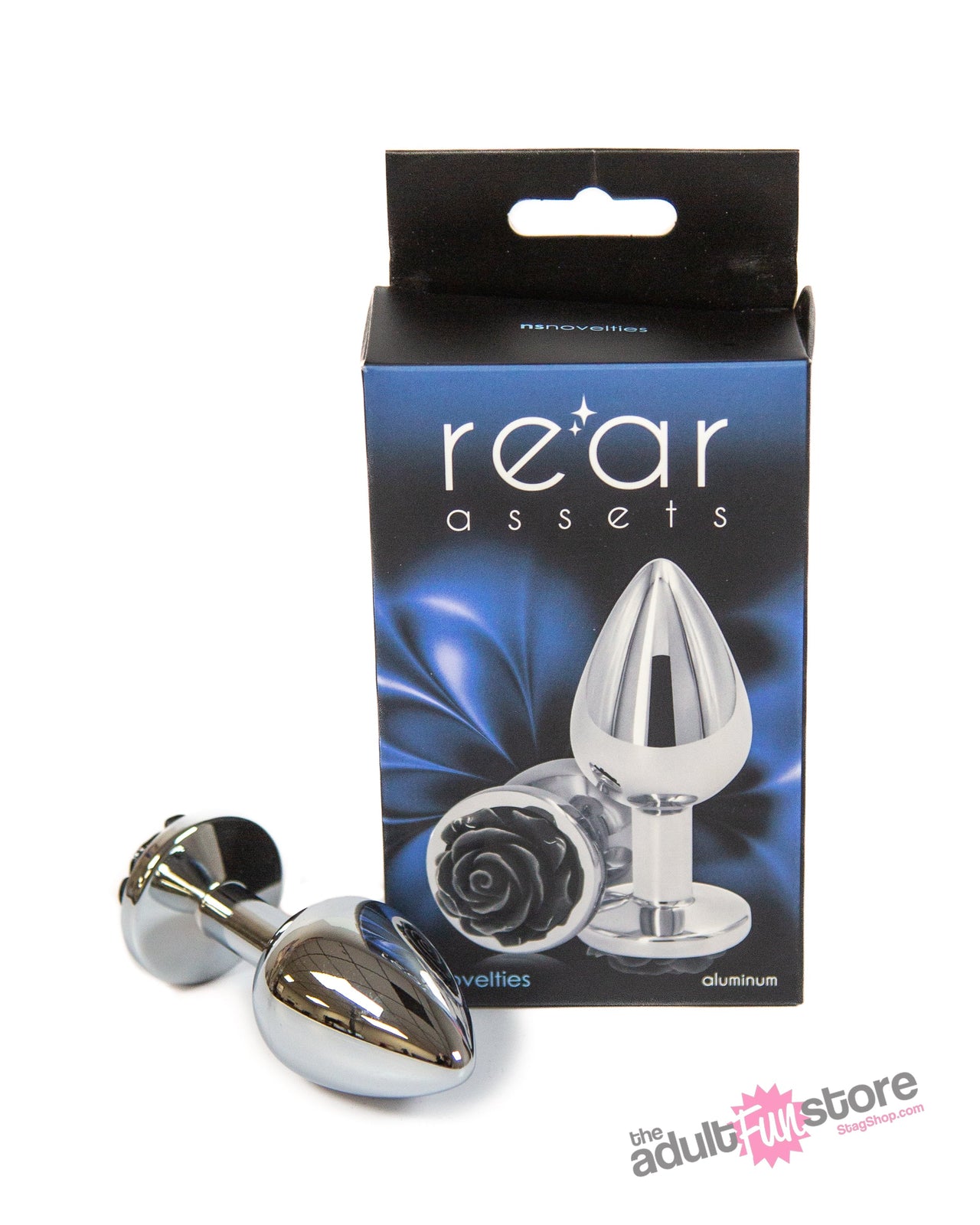 NS Novelties - Rear Assets - Aluminum Rose Butt Plug - Silver/Black - Medium - 3.5 Inch - Stag Shop